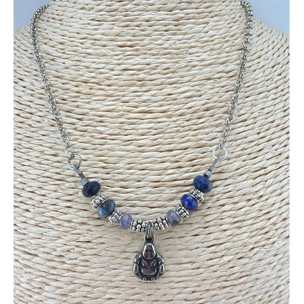 Handmade Artisan Asymmetrical Tanzanite and Kyanite Buddha Charm Necklace